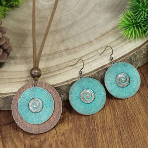 Wood Round Bronze Double Layer Pendant & Earrings